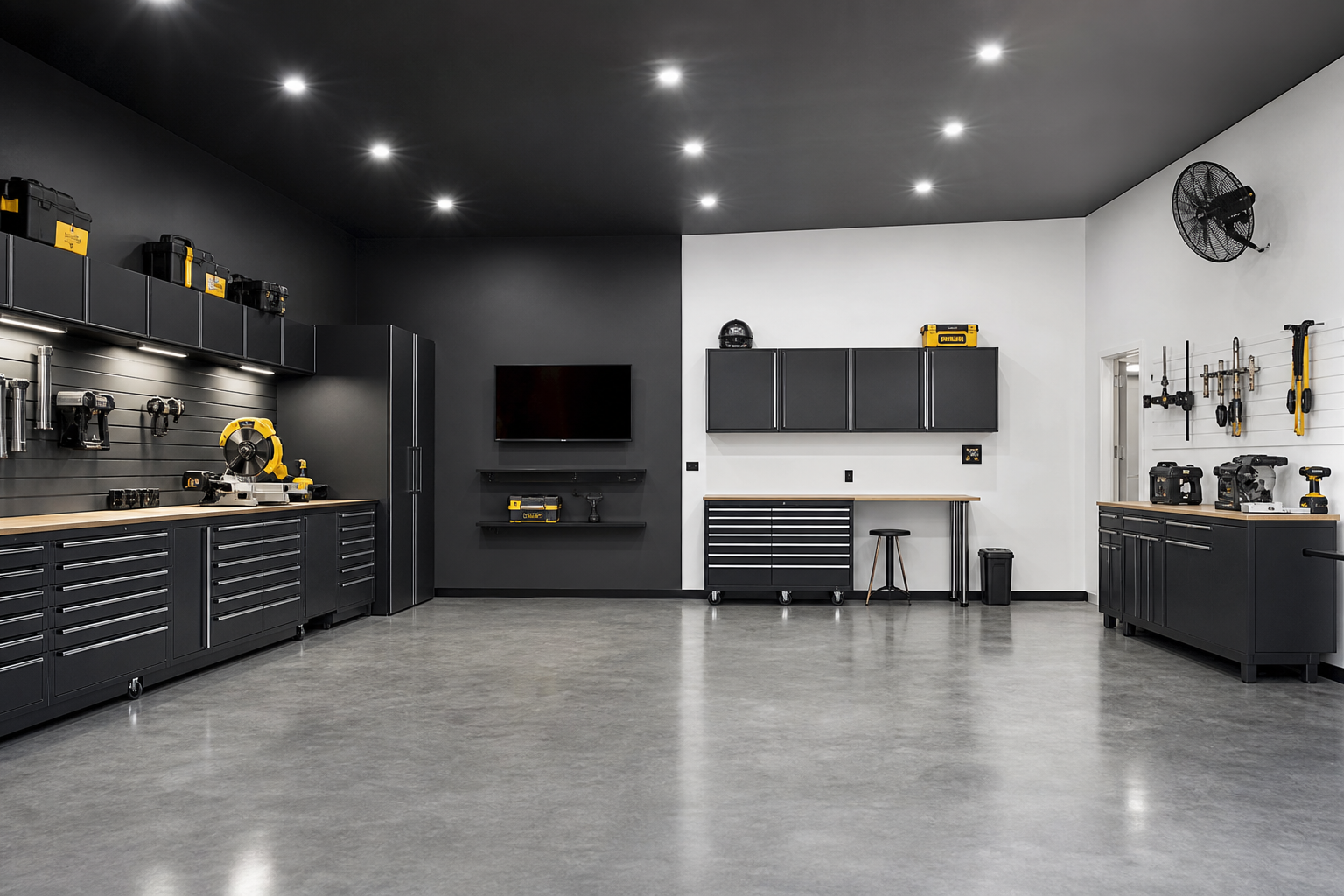 Vertical two-tone garage paint split with charcoal gray and bright white meeting at a corner