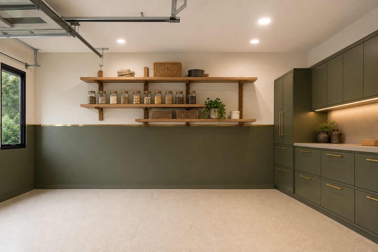 Two-tone garage with olive green lower walls and off-white upper walls separated by brass trim