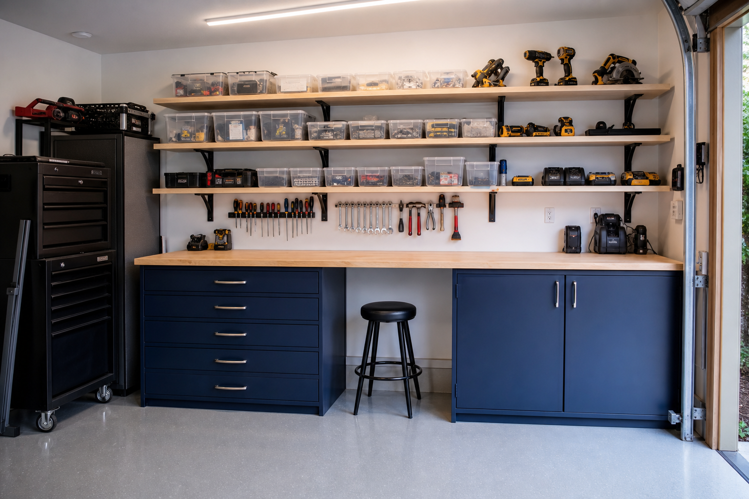 Navy blue garage workbench with five-drawer stack and matching cabinet doors with open shelving above
