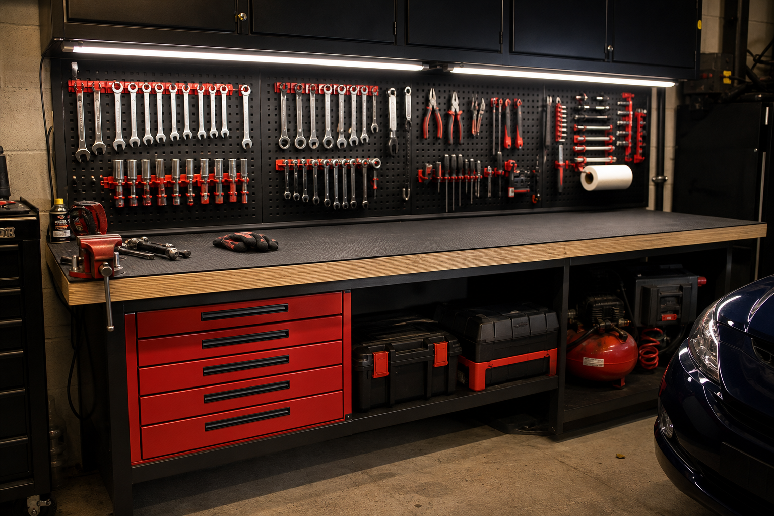 Red and black mechanic-style garage workbench with rubber top, six-drawer metal cabinet and black pegboard above