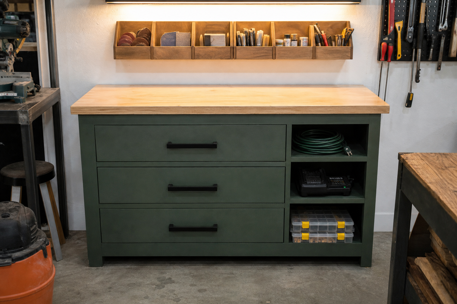 Dark green painted garage workbench with shallow drawers and vertical cubby storage for cords and chargers