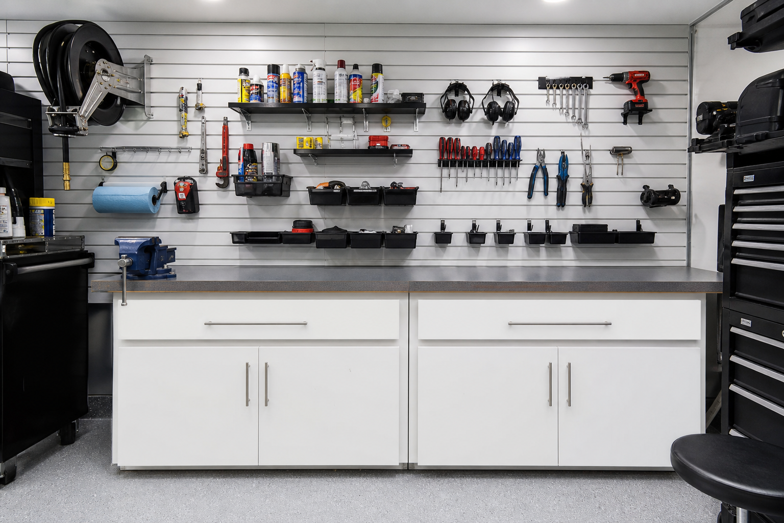 Gray laminate workbench with white slatwall panel system above holding tools and spray cans