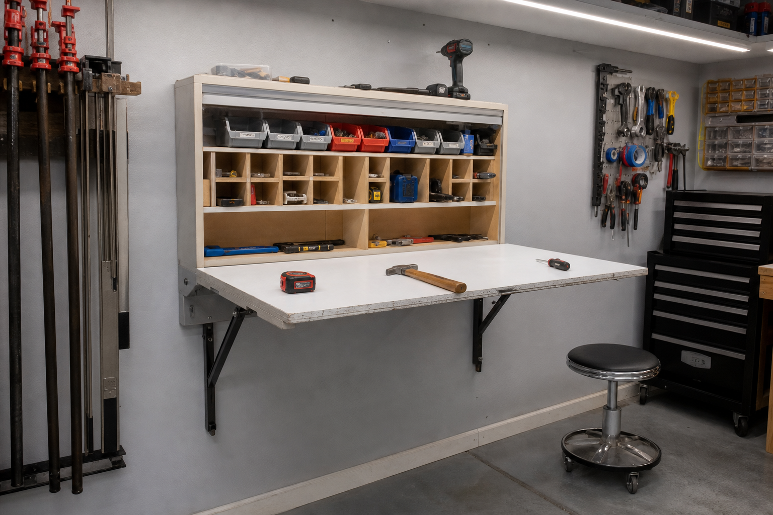 Fold-down workbench with built-in cabinet storage compartments revealed underneath the work surface