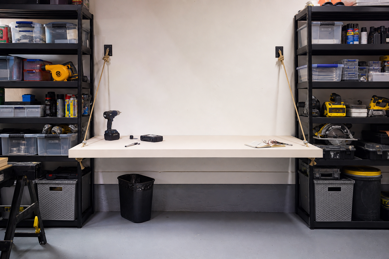 Wide six-foot fold-down MDF workbench supported by rope brackets mounted between wall shelving units