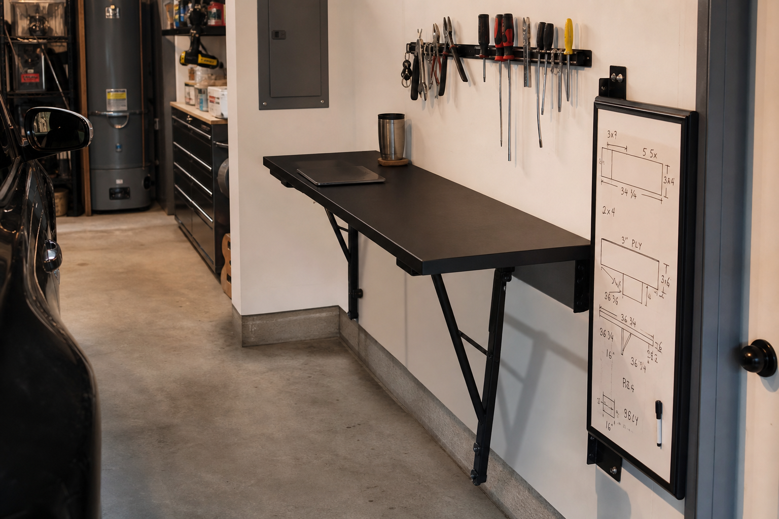 Narrow black fold-down garage workbench with whiteboard surface on underside and magnetic tool strip
