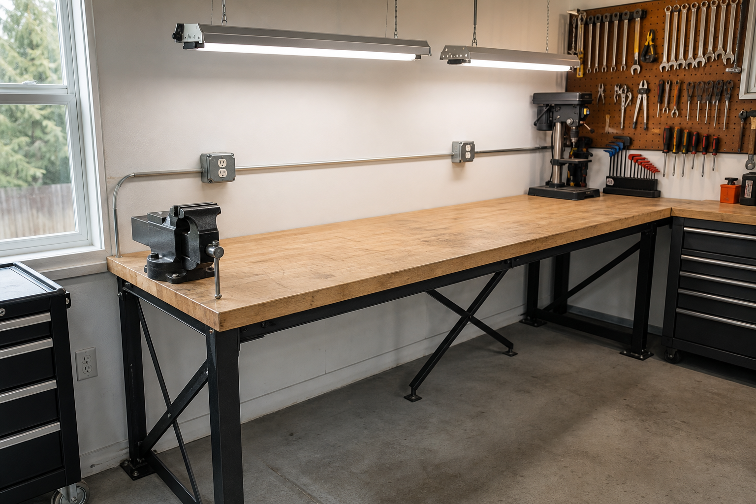 Heavy-duty maple butcher block workbench with black steel legs and mounted cast-iron vise