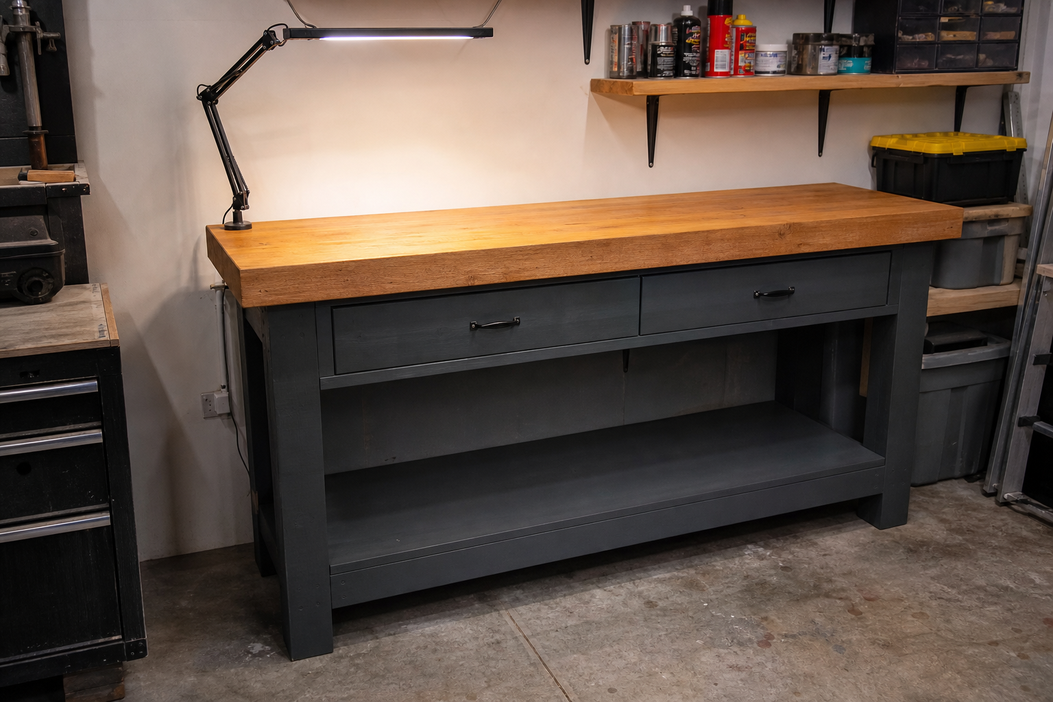 Solid Douglas fir garage workbench with charcoal painted base and two under-bench drawers