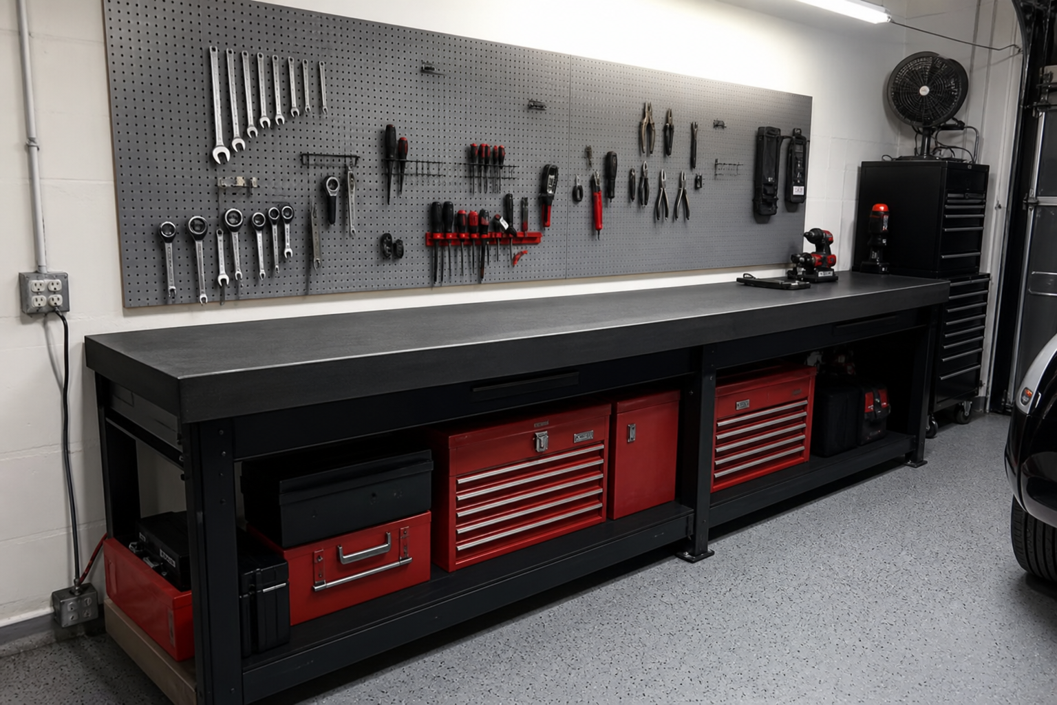 Steel-framed garage workbench with dark phenolic resin surface and pegboard tool storage above