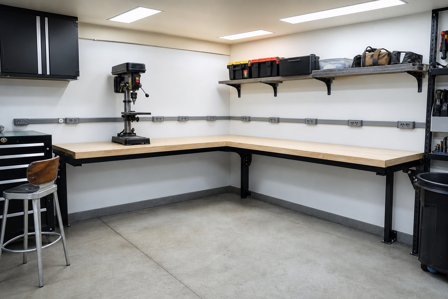 L-shaped corner garage workbench with laminated plywood surface and wall-mounted power outlets