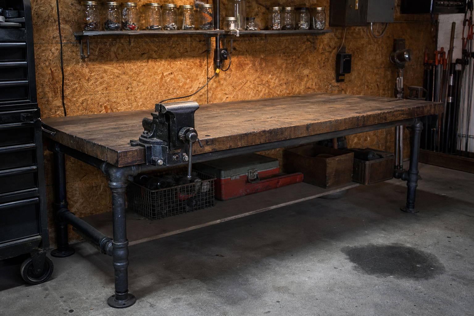 Industrial reclaimed oak workbench with black iron pipe legs and front-mounted woodworking vise