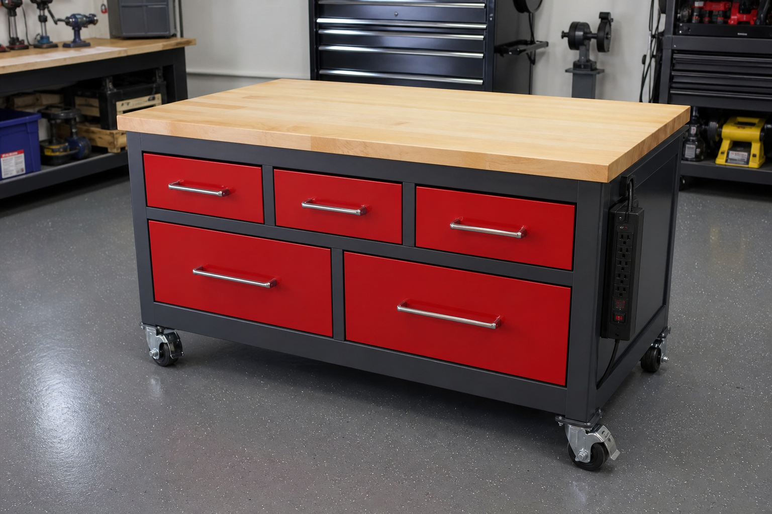 Red powder-coated mobile workbench cart with maple butcher block top and locking casters