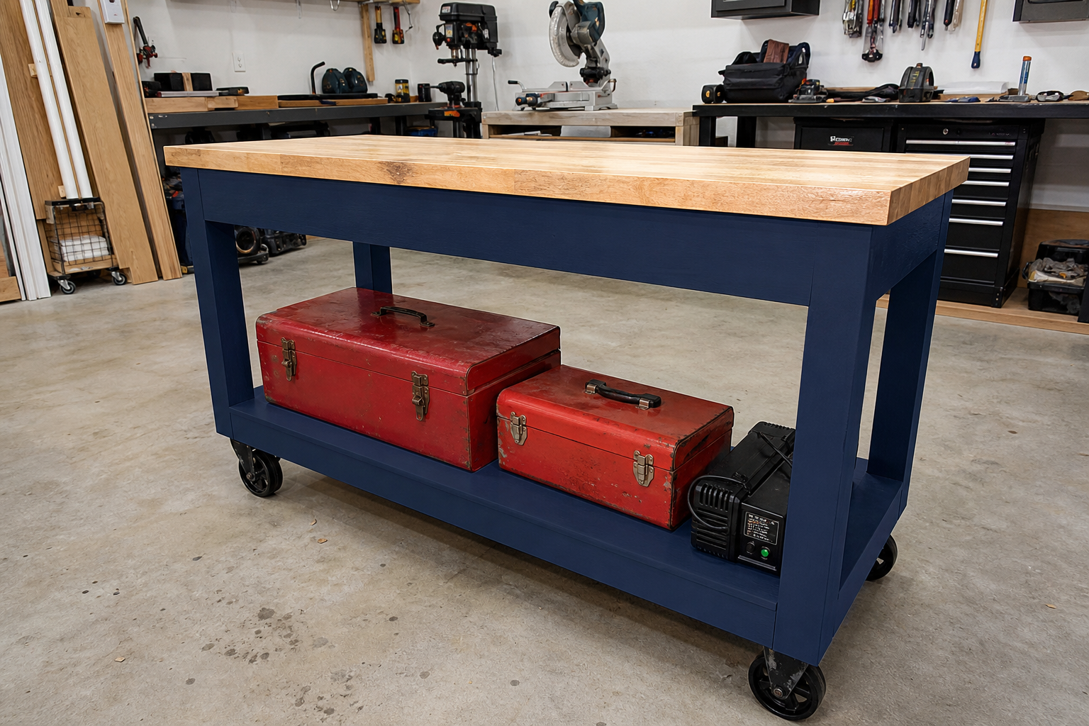 DIY navy blue plywood mobile workbench cart with natural wood top and lower tool storage shelf