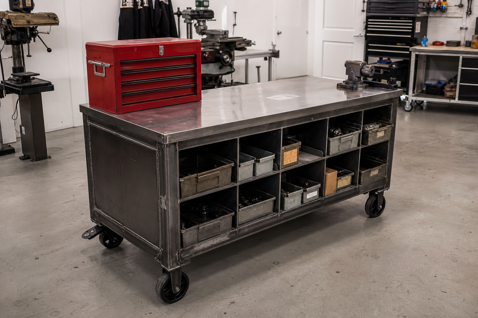 Industrial welded steel mobile workbench cart with stainless top and grid of open cubby storage below