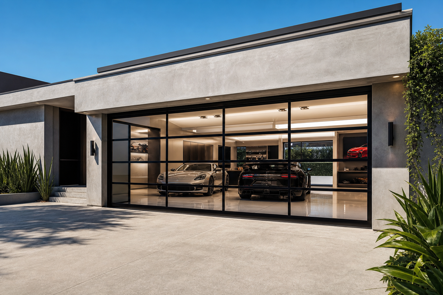 Ultra-slim black powder-coated aluminum framed glass garage door on flat-roof modern home
