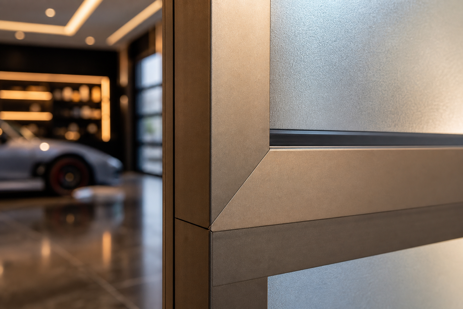 Close-up of anodized bronze aluminum frame corner joint on a glass garage door