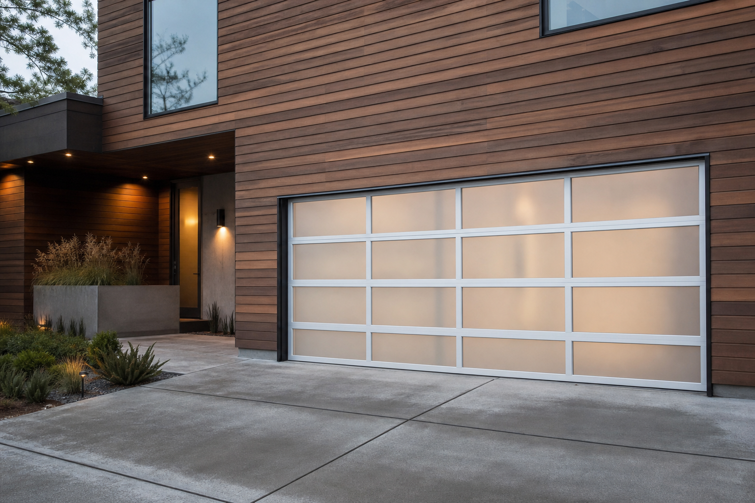 Frosted glass two-car garage door with white frame alongside natural cedar wood home exterior