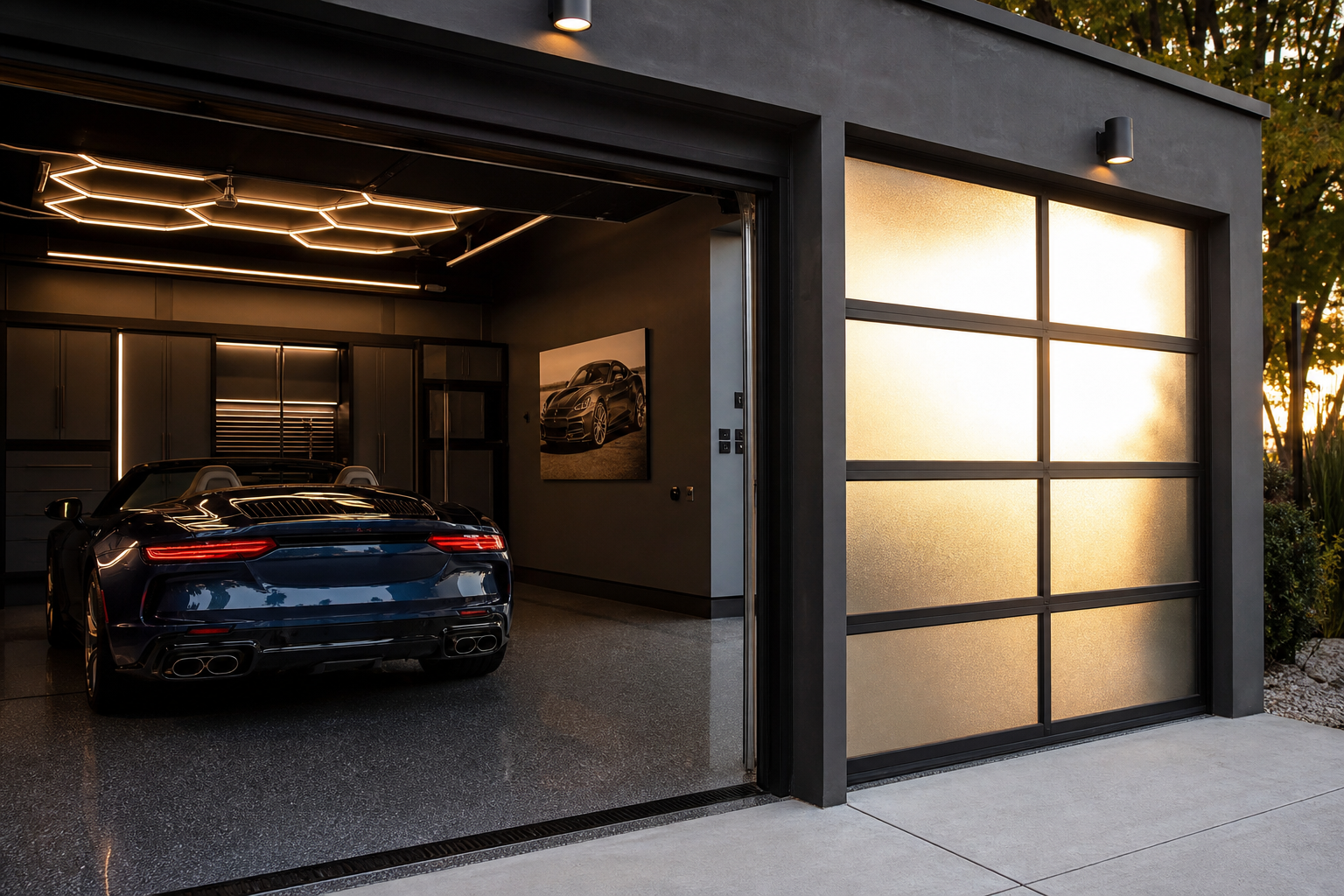 Satin frosted glass garage door with matte black frame glowing in afternoon sunlight on dark exterior home