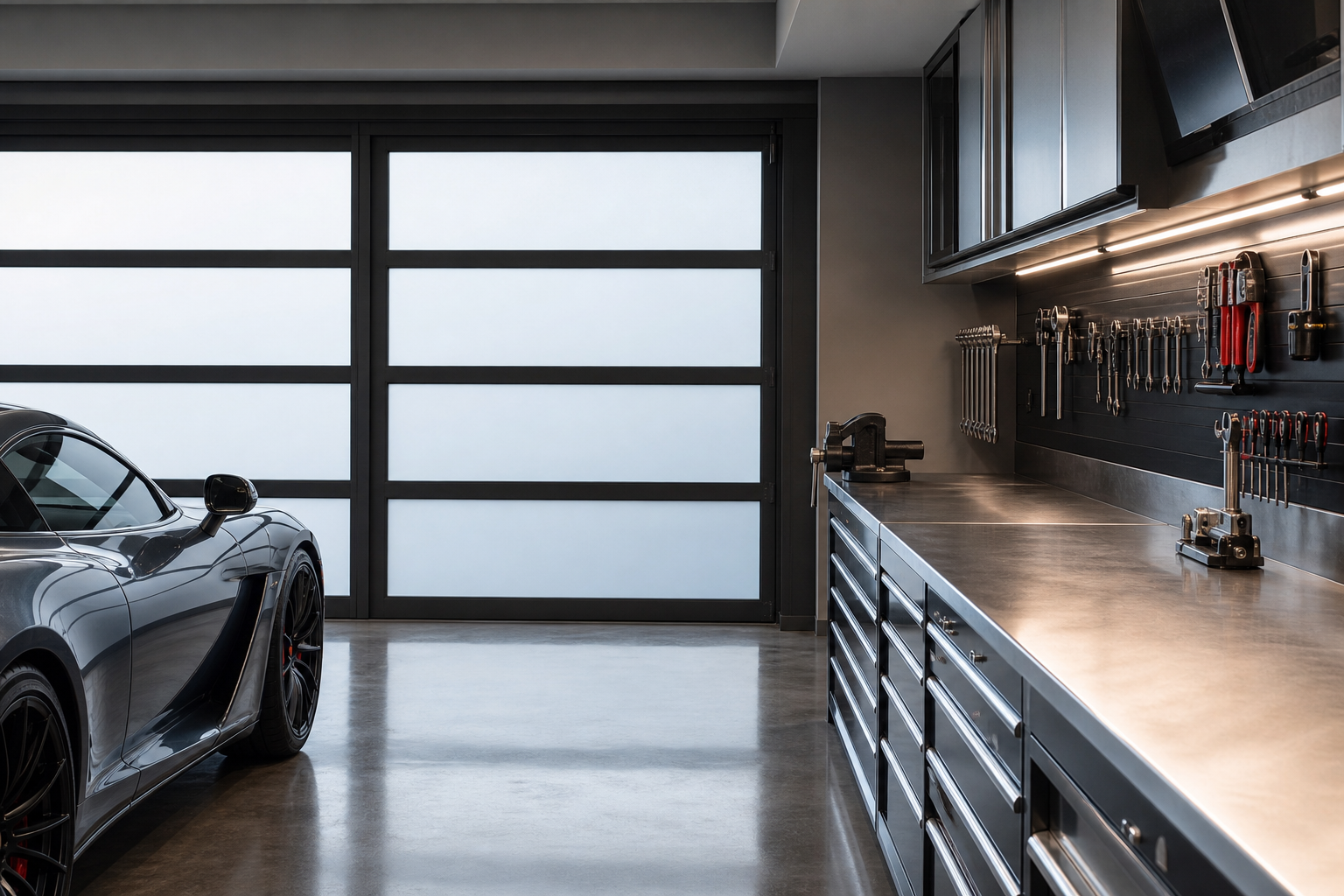 Interior garage workshop view with soft diffused light through frosted glass door panels