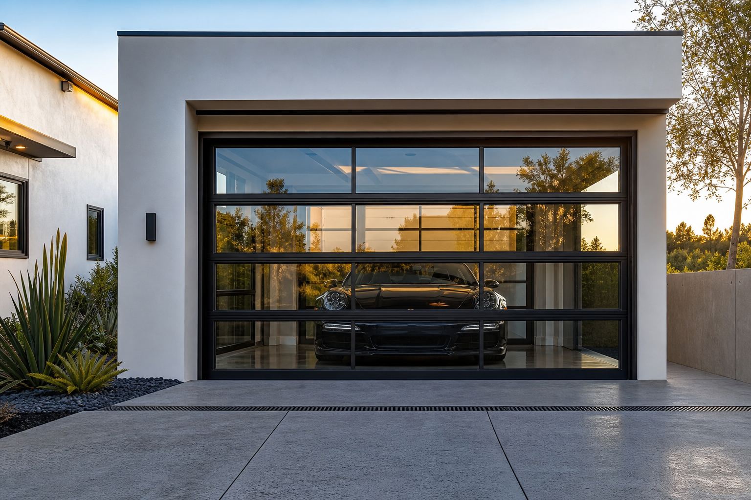 Full-view black aluminum framed glass garage door on a modern white stucco home