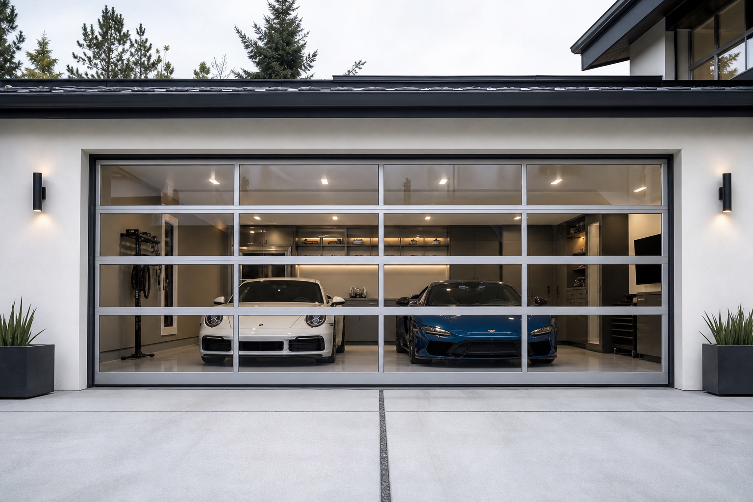Two-car full-view glass garage door with brushed silver frame showing organized garage interior