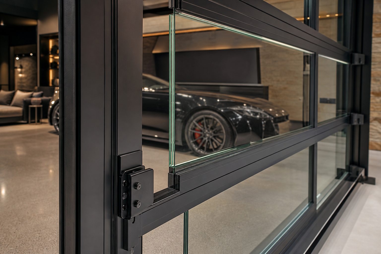 Close-up of tempered glass panels and black aluminum frame on a full-view garage door