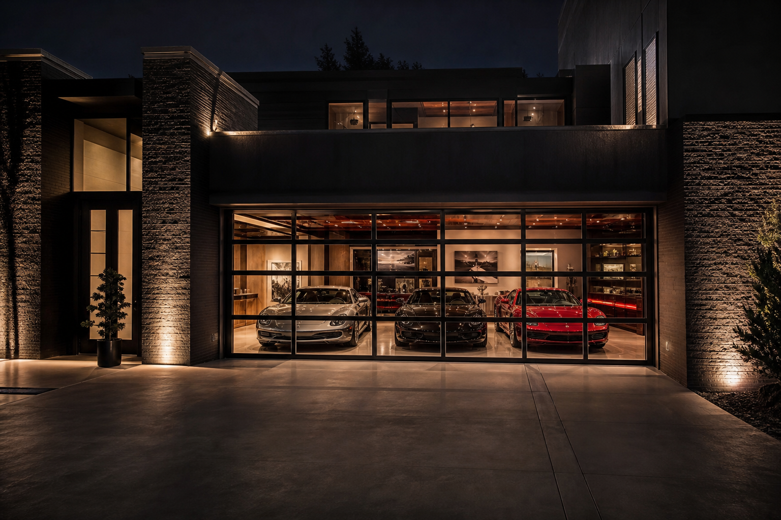 Full-view glass garage door glowing with warm interior light against a dark modern home exterior at night