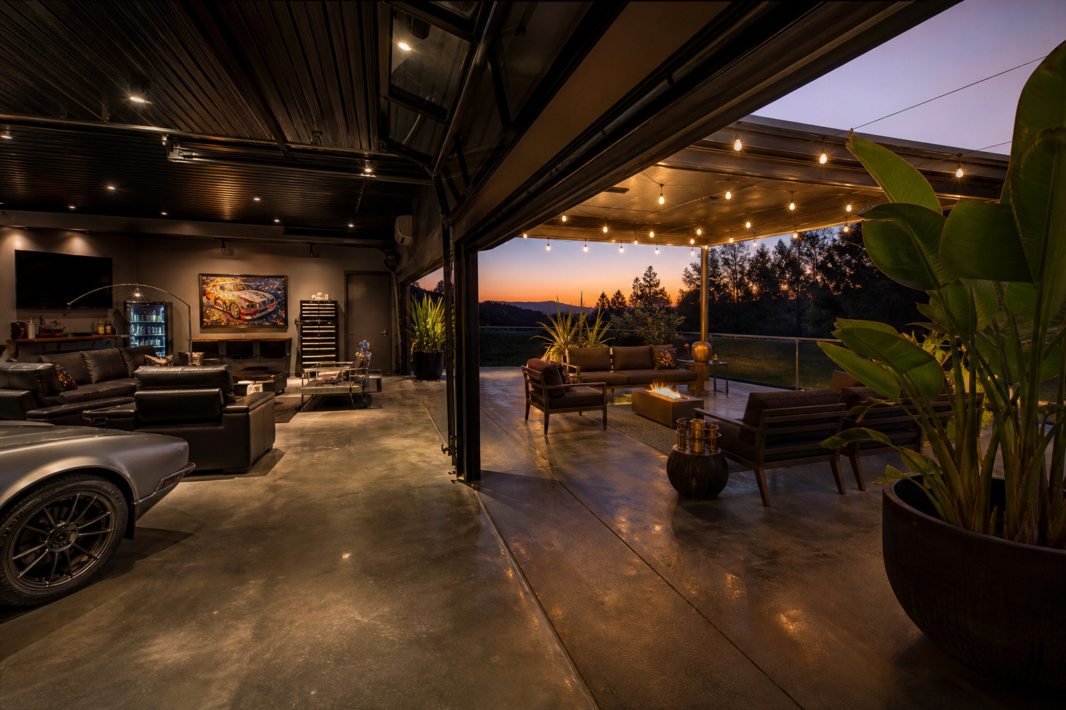 Converted garage entertainment room with open full-view glass door connecting to lit outdoor patio