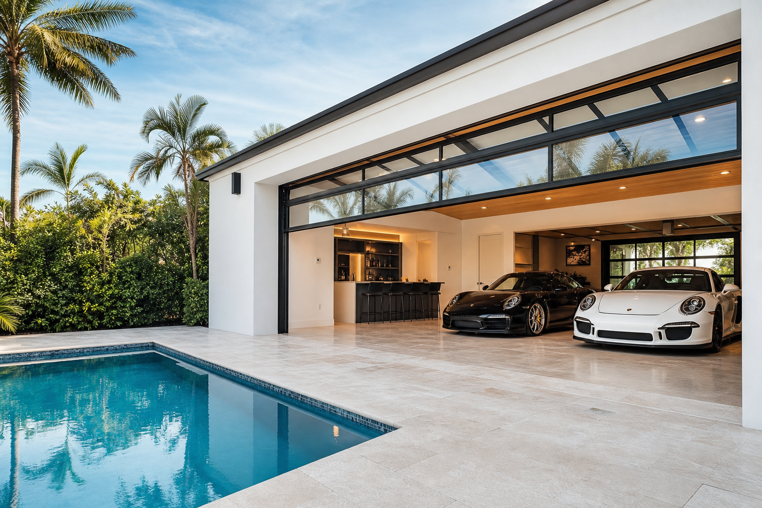 Modern pool house with open glass garage door facing a backyard swimming pool