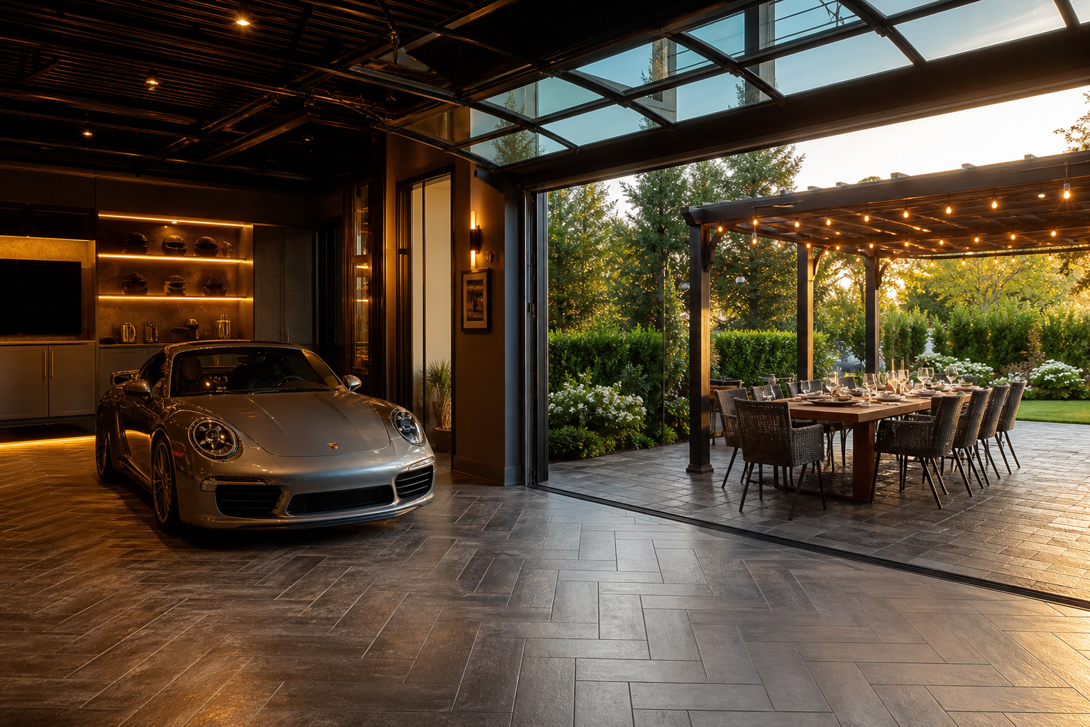Indoor outdoor dining space with glass garage door open to a pergola-covered outdoor dining area at golden hour