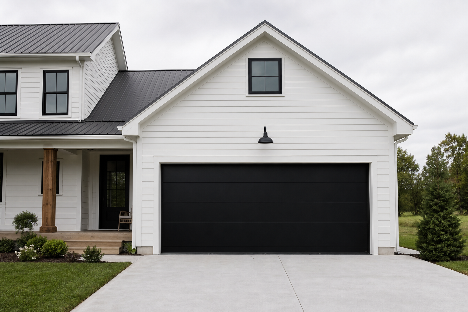Matte black flush steel two car garage door on white modern farmhouse with black trim and metal roof