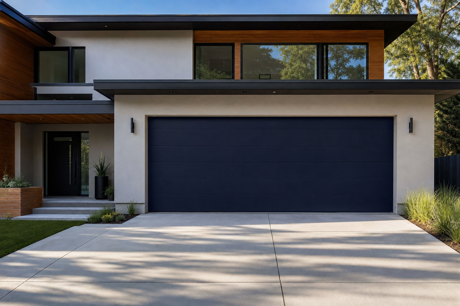 Deep navy blue near black flush panel garage door on contemporary home with wood cladding and grey stucco