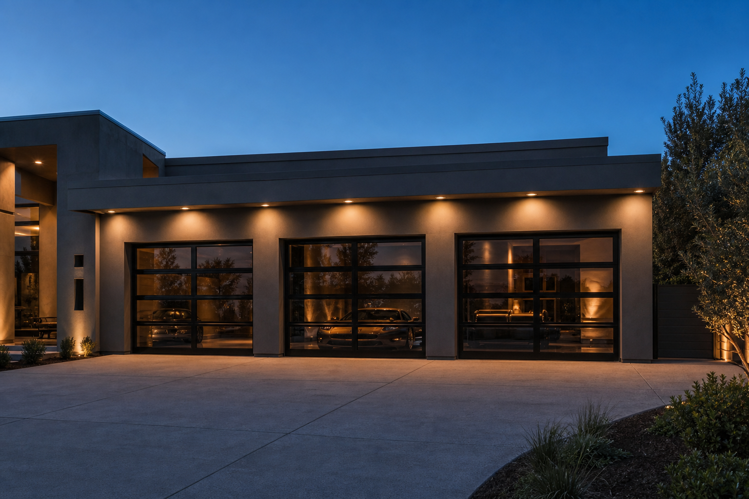 Matte black aluminum framed tinted glass three car garage doors on dark luxury modern home at dusk
