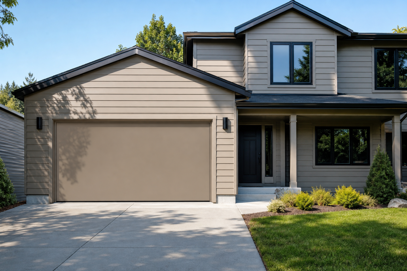 Modern home with smooth greige flush panel two car garage door and black window trim