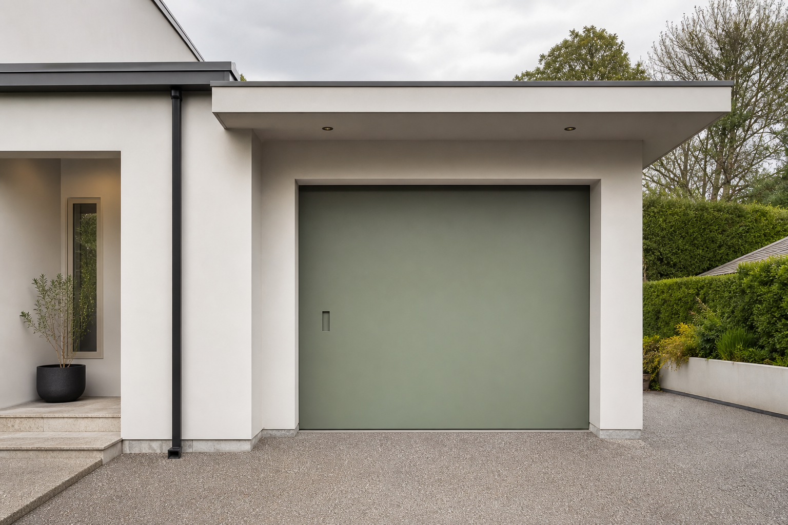 Single car flush panel garage door in muted sage green on white rendered modern home