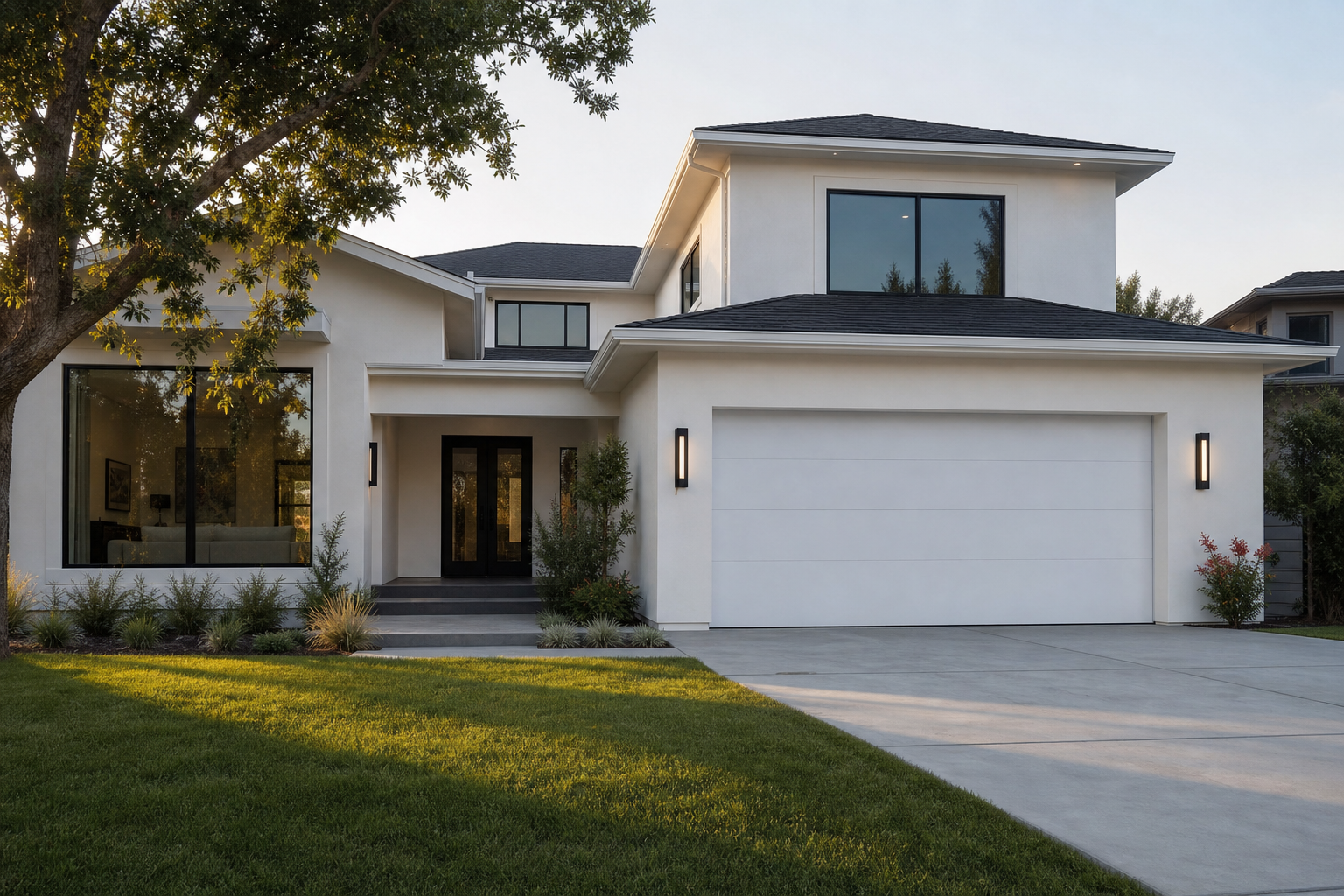 Matte white flush panel two car garage door with subtle horizontal reveals on contemporary two story home