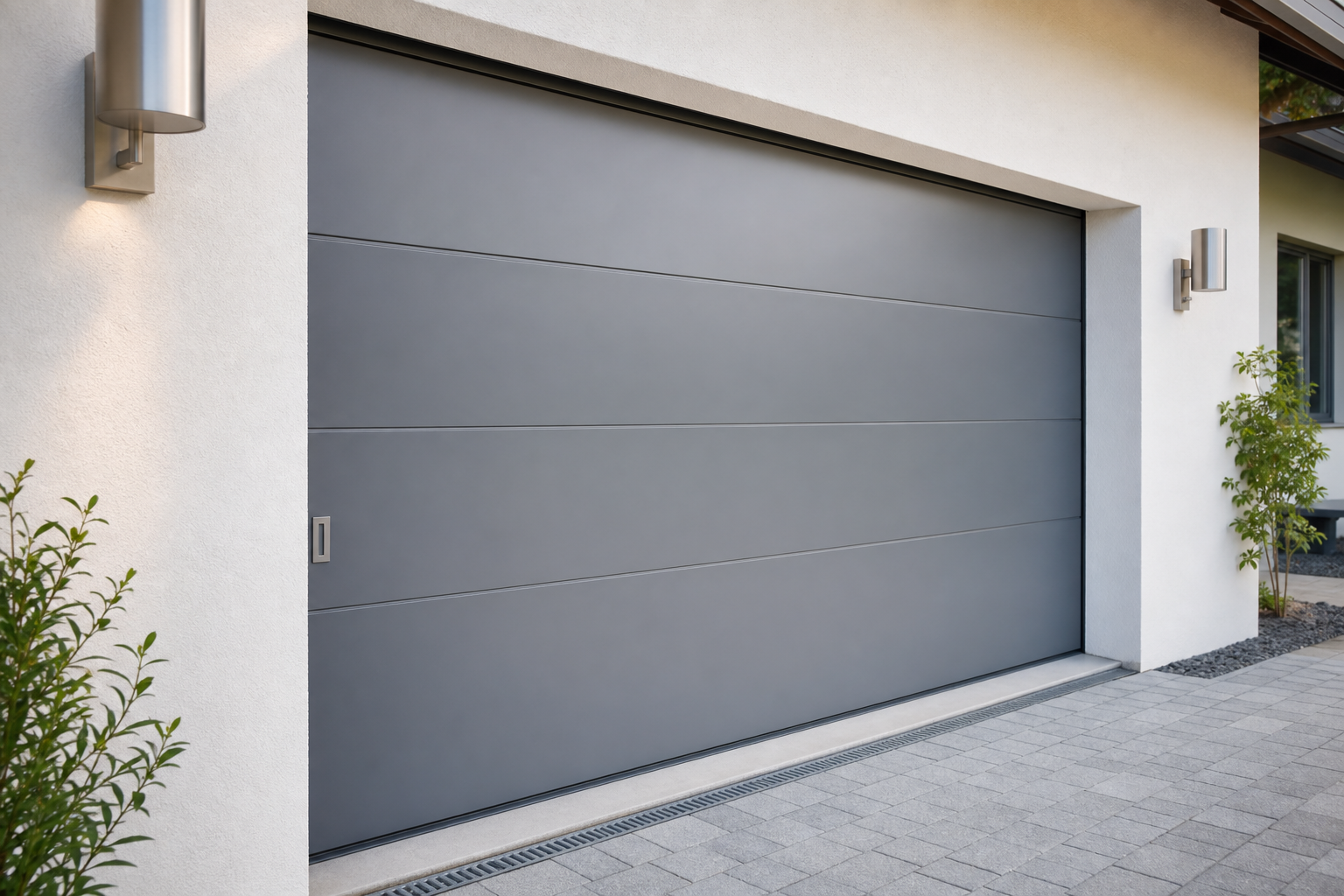 Smooth steel flush panel garage door in cool medium grey with minimal hardware and hidden hinges