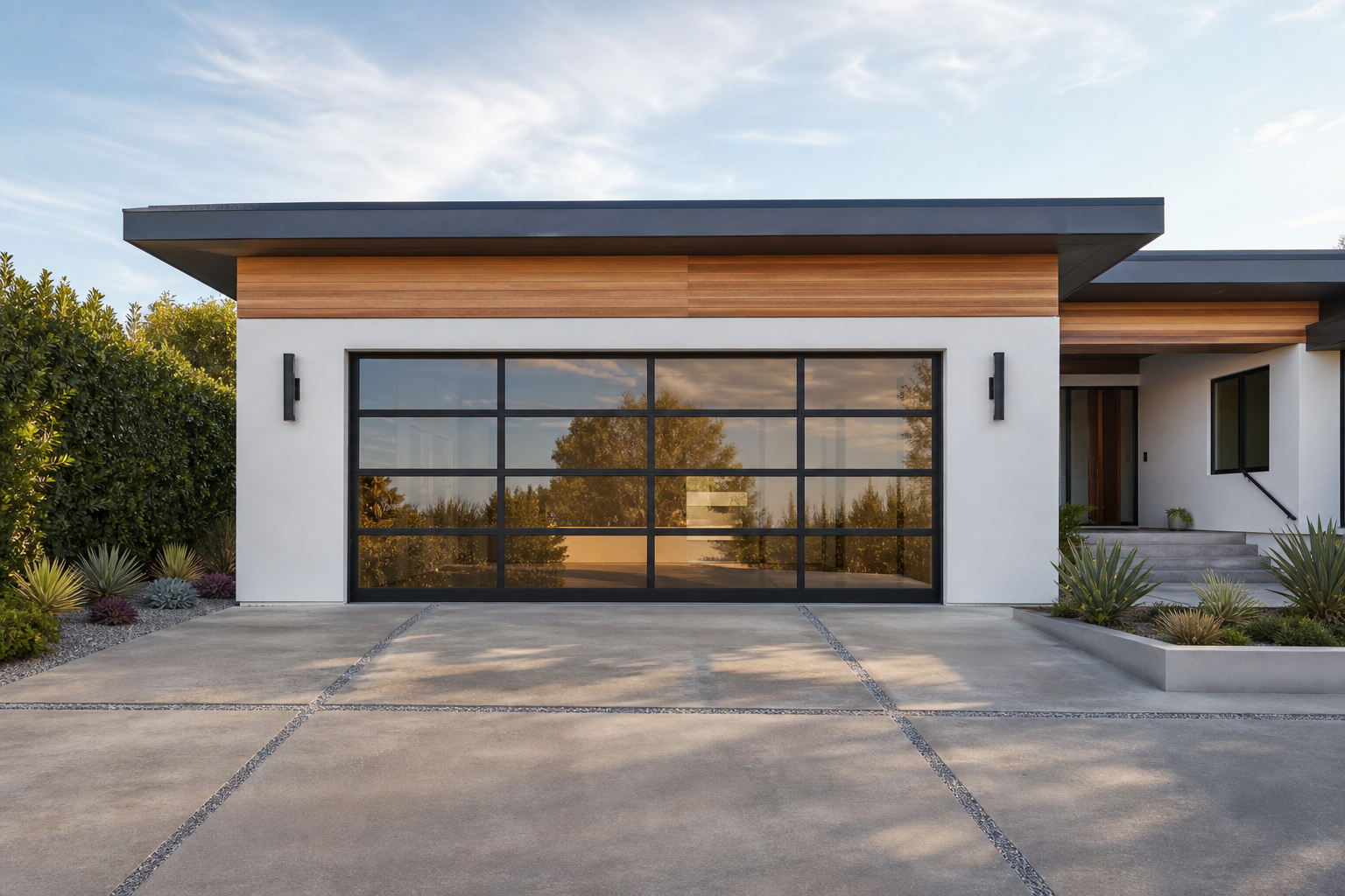 Modern home with full-view black aluminum framed glass garage door on white stucco exterior
