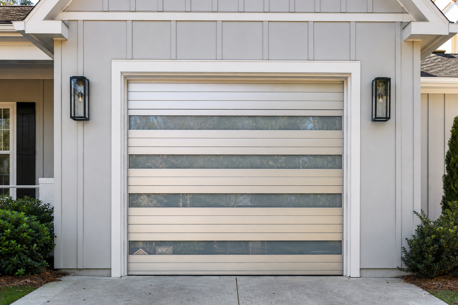 Single car garage door with alternating brushed silver aluminum slats and frosted glass horizontal strips