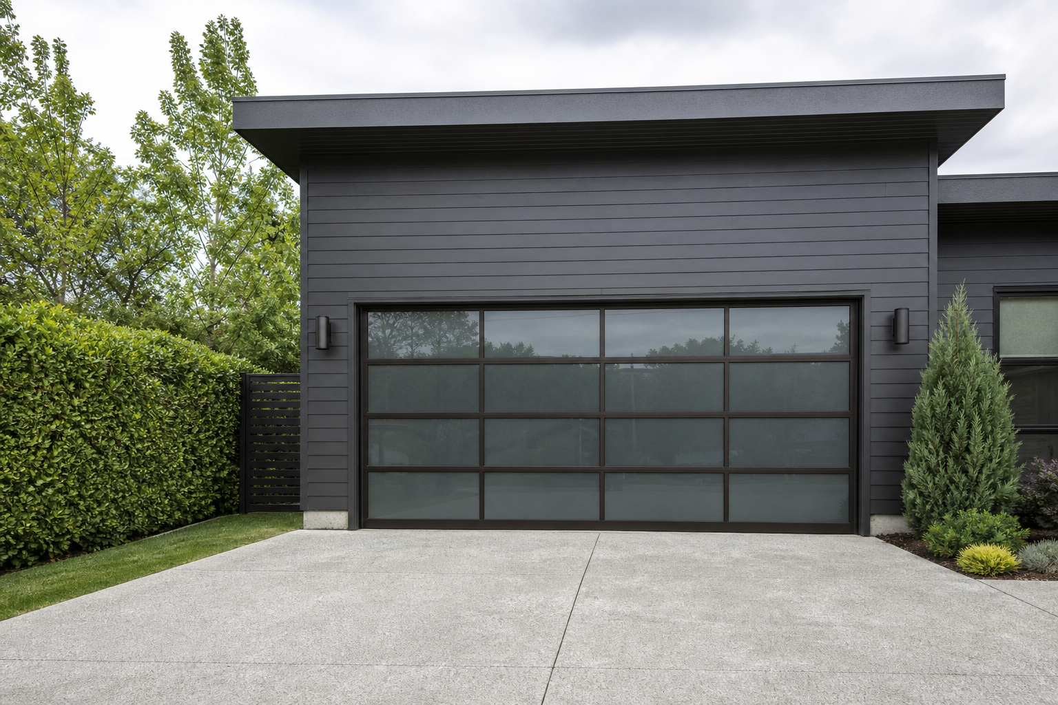 Two car garage with dark bronze aluminum frame and tinted grey glass grid panel garage door