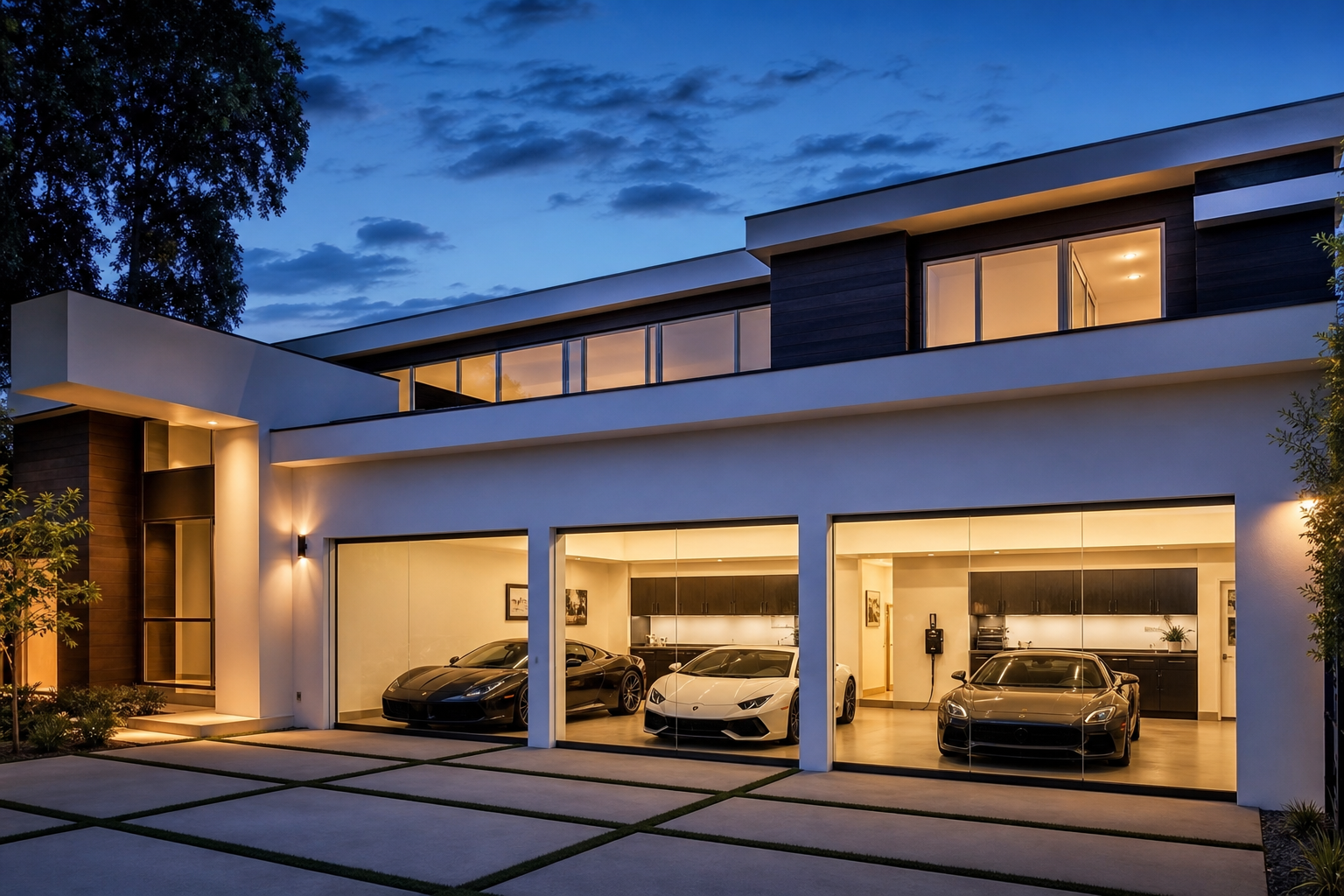 Luxury modern home at dusk with glowing frameless glass three car garage doors illuminated from inside