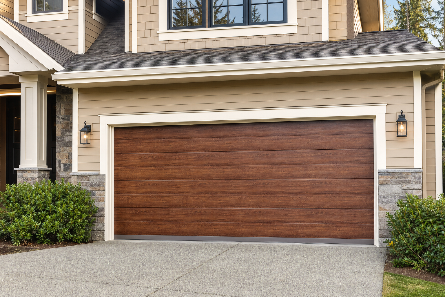 Steel garage door with realistic walnut wood grain finish on modern craftsman home with stone veneer