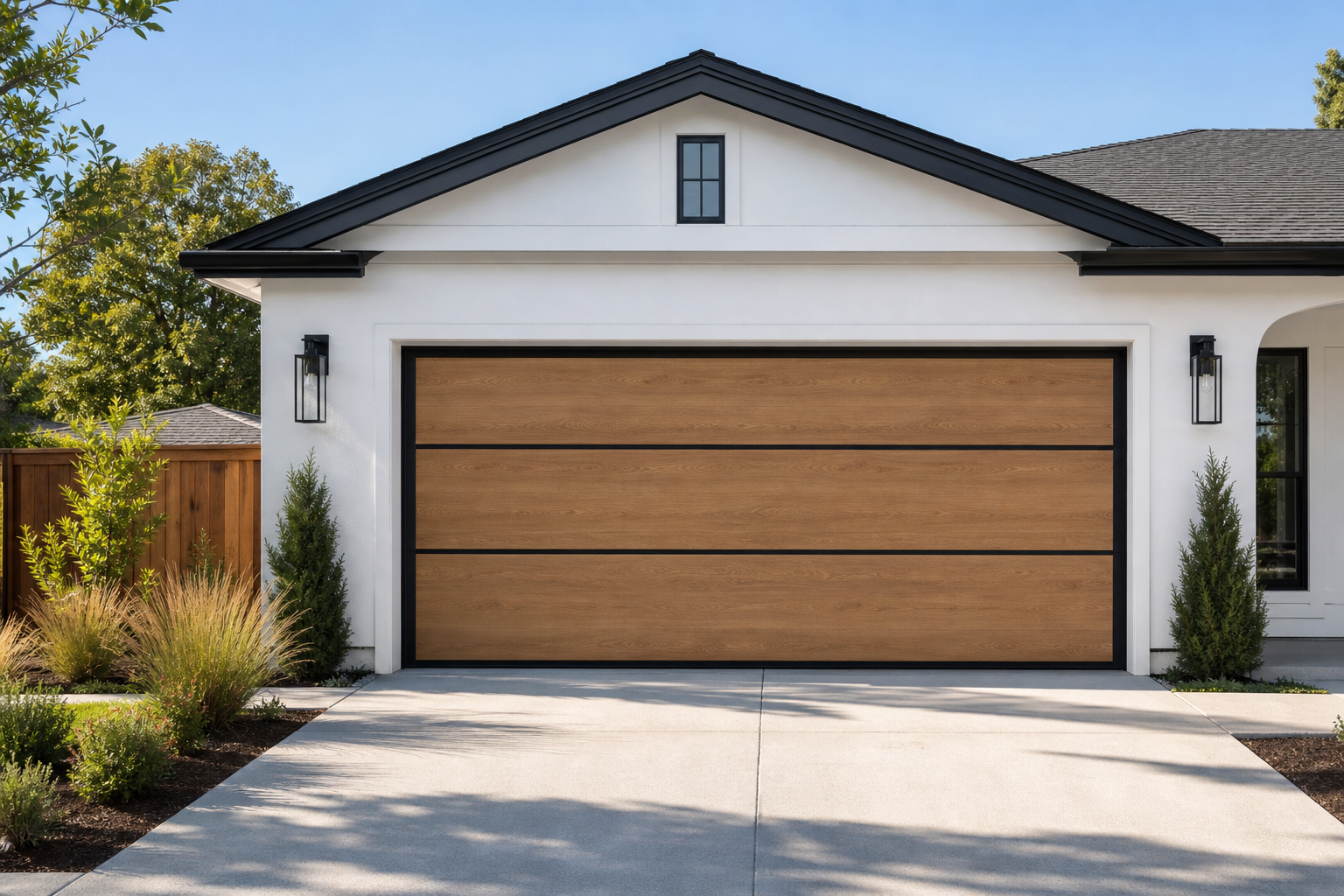 Light oak wood look garage door with matte black aluminum frame accents on white contemporary home