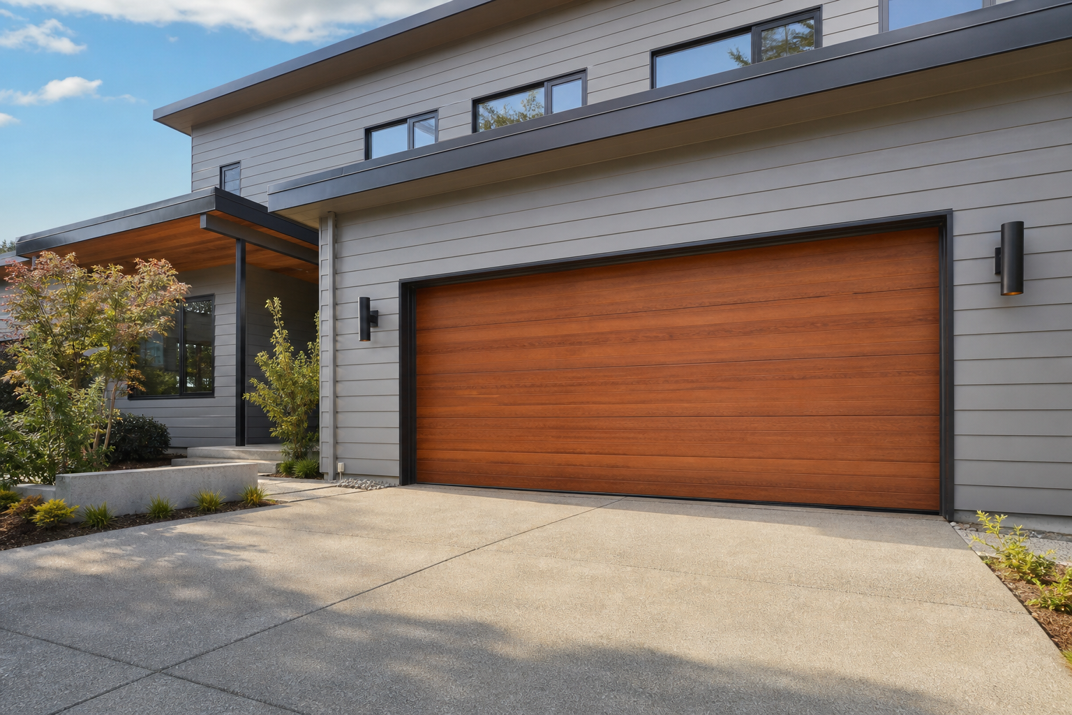 Warm reddish brown cedar look flush panel garage door on modern grey cement board siding home