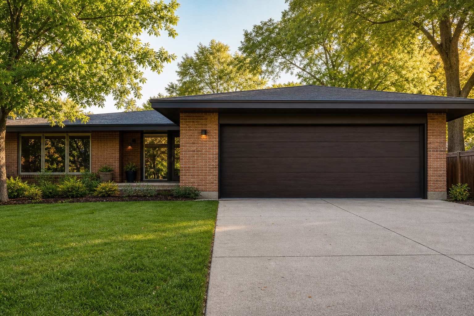 Dark espresso wood look horizontal plank garage door on mid century modern ranch home with warm brick