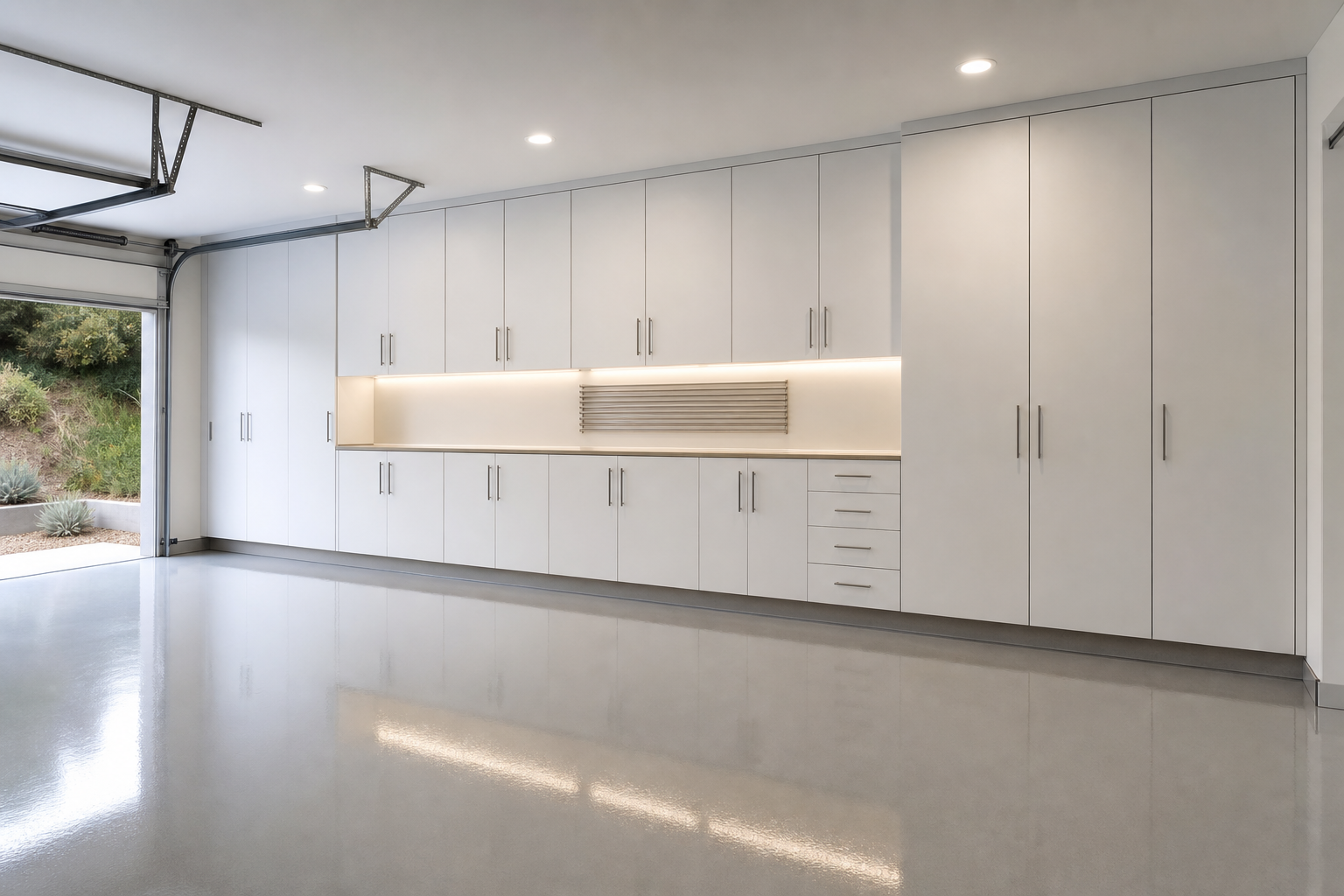 Floor-to-ceiling white flat-panel garage cabinets with LED under-cabinet lighting and gray epoxy floor