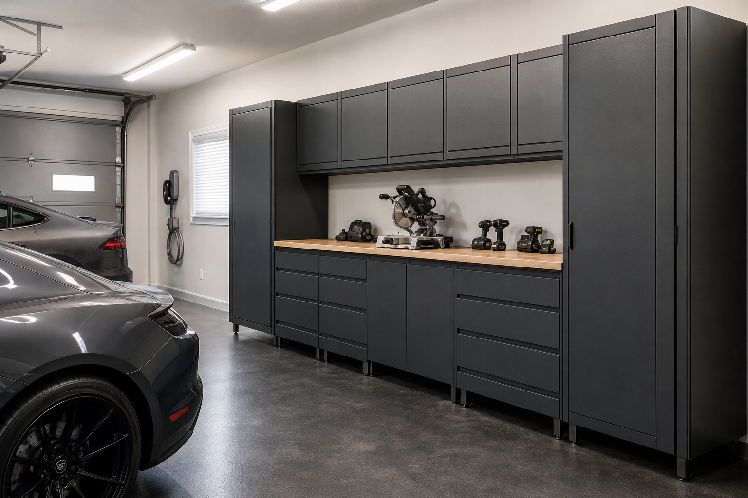 Charcoal gray modular steel garage cabinets with butcher block countertop and dark metallic epoxy floor