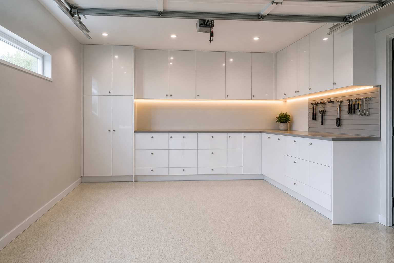 Gloss white L-shaped garage cabinet layout with chrome knobs and light beige polyaspartic floor