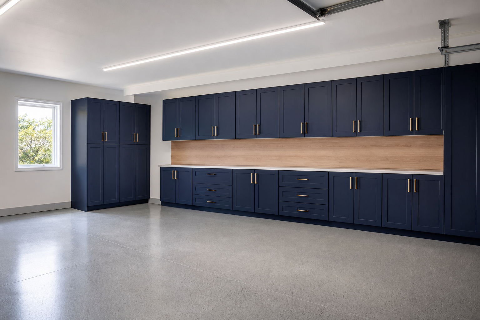 Navy blue shaker-style garage cabinets with brushed gold hardware and light gray sealed concrete floor