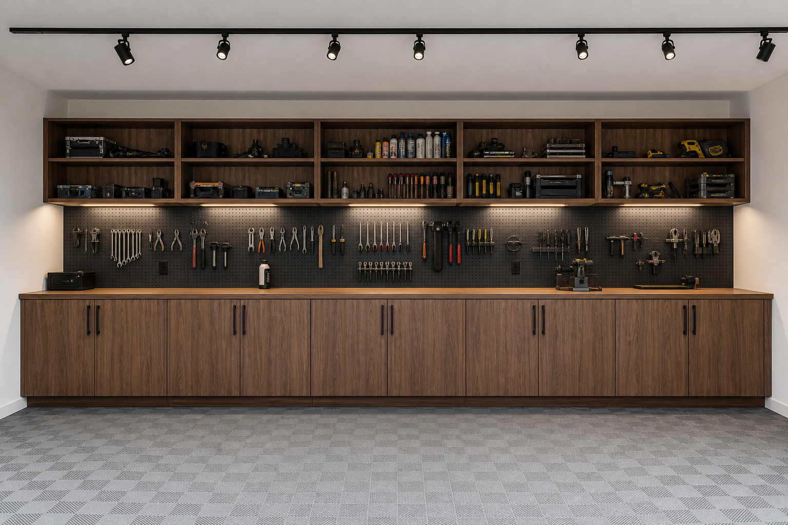 Walnut veneer garage cabinets with open upper shelving, black handles, and gray interlocking floor tiles