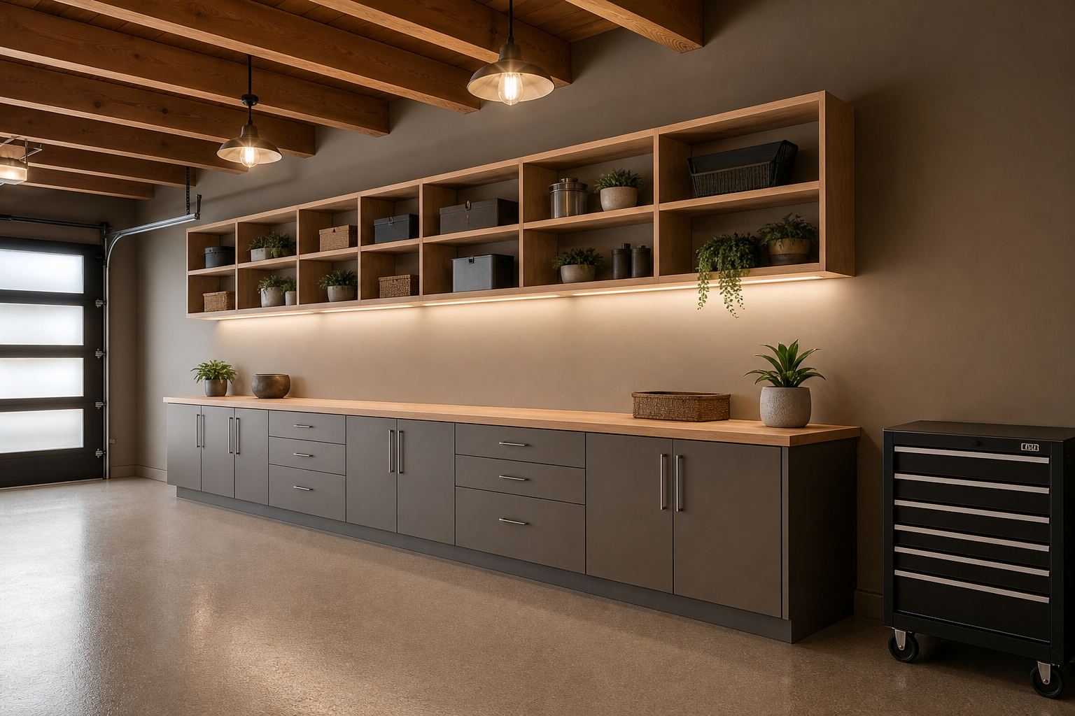 Warm greige garage walls with taupe floor, natural wood shelving, and brushed nickel fixtures